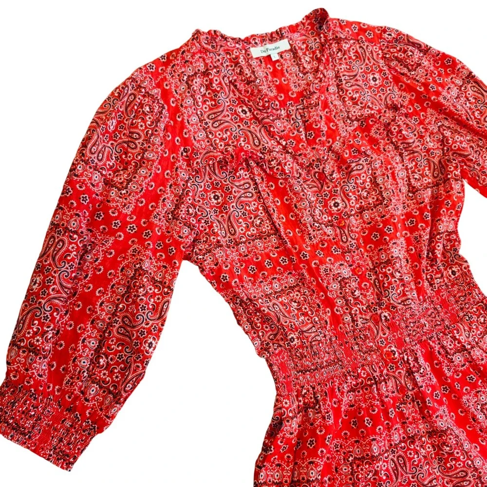 DuParadis Anthropologie Red Bandana Paisley Cotton Romper Smocked Waist Large